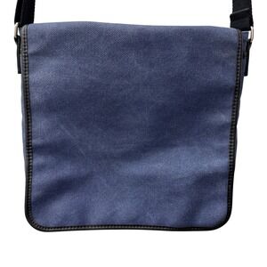 Levenger Messenger Bag Navy Blue Canvas Leather Trim‎ Adjustable Strap